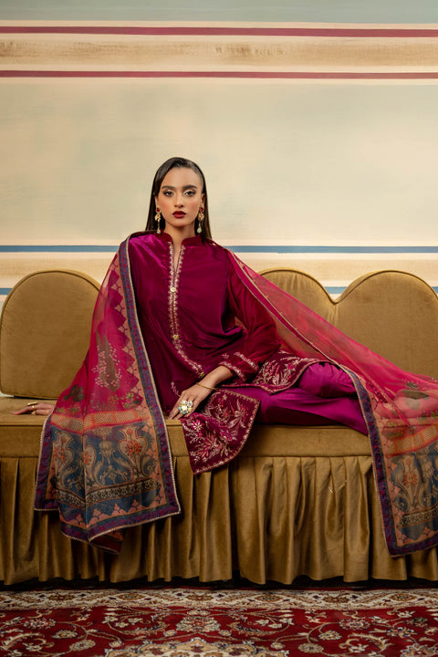 3 Pc Unstitched Dyed Velvet Suit | MB-USW24-605