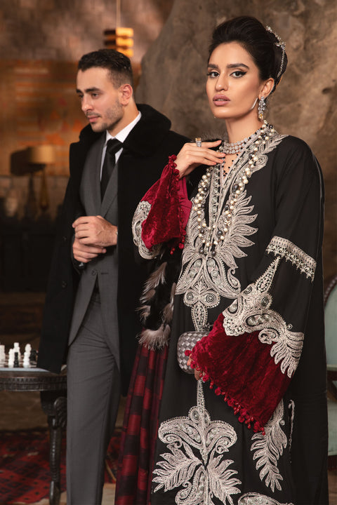 Unstitched Linen DL-1004-Black and Maroon